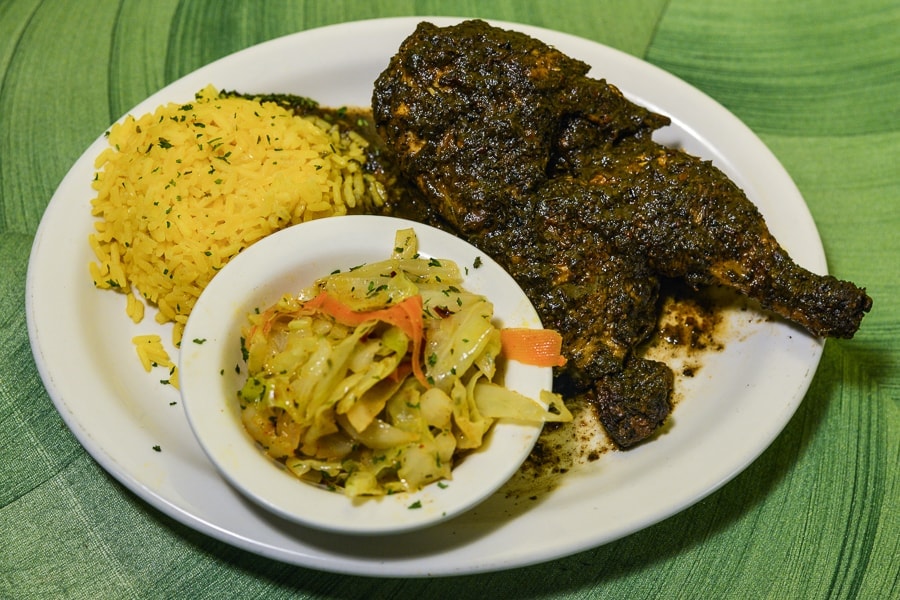 Grilled chicken with yellow rice and vegetables from Eatz Grill