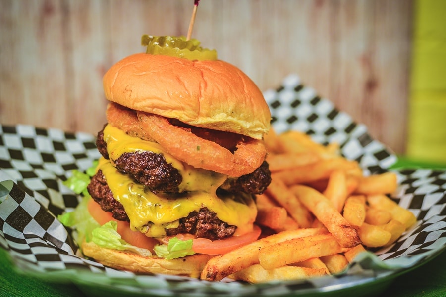 Eatz Grill hand-pattied double cheeseburger with onion ring and fries
